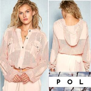 POL Peach Texture Woven Button Down Hooded Shirt with Drawstring Hem Large